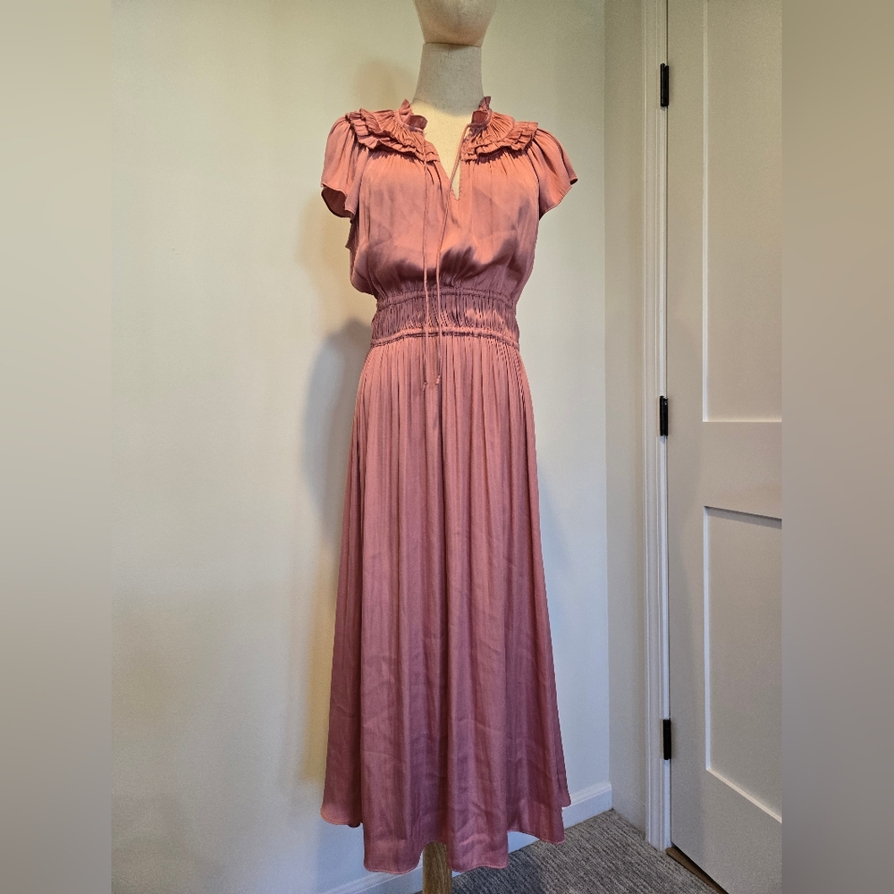 Rose ruffle cinched midi dress pleated